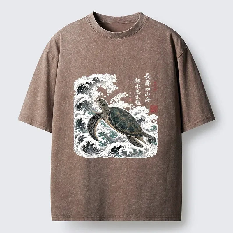 Japanese Calligraphy Turtle Washed T-Shirt