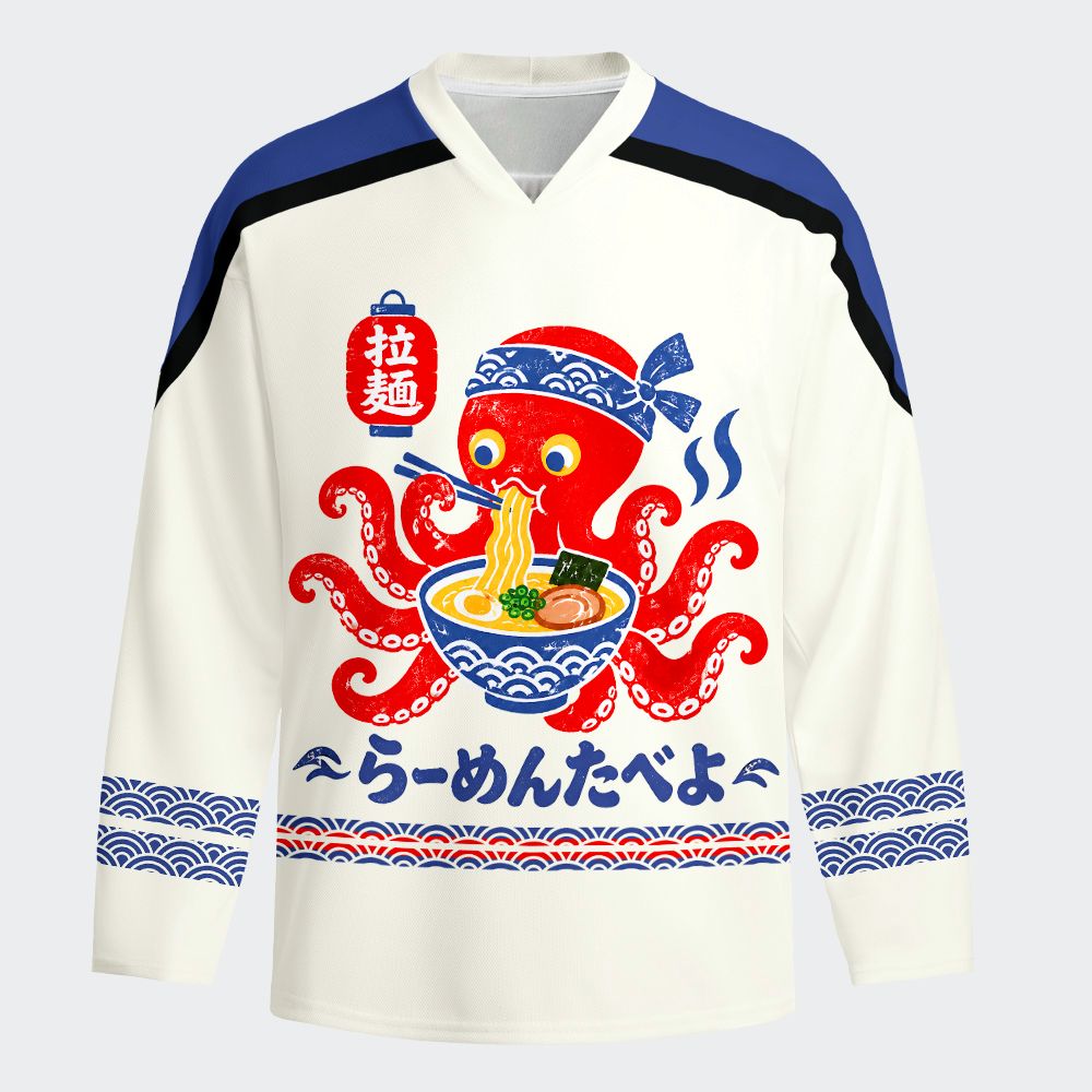Kyoto-Lion Japanese Retro Octopus Ramen Long-Sleeve Hockey Jersey
