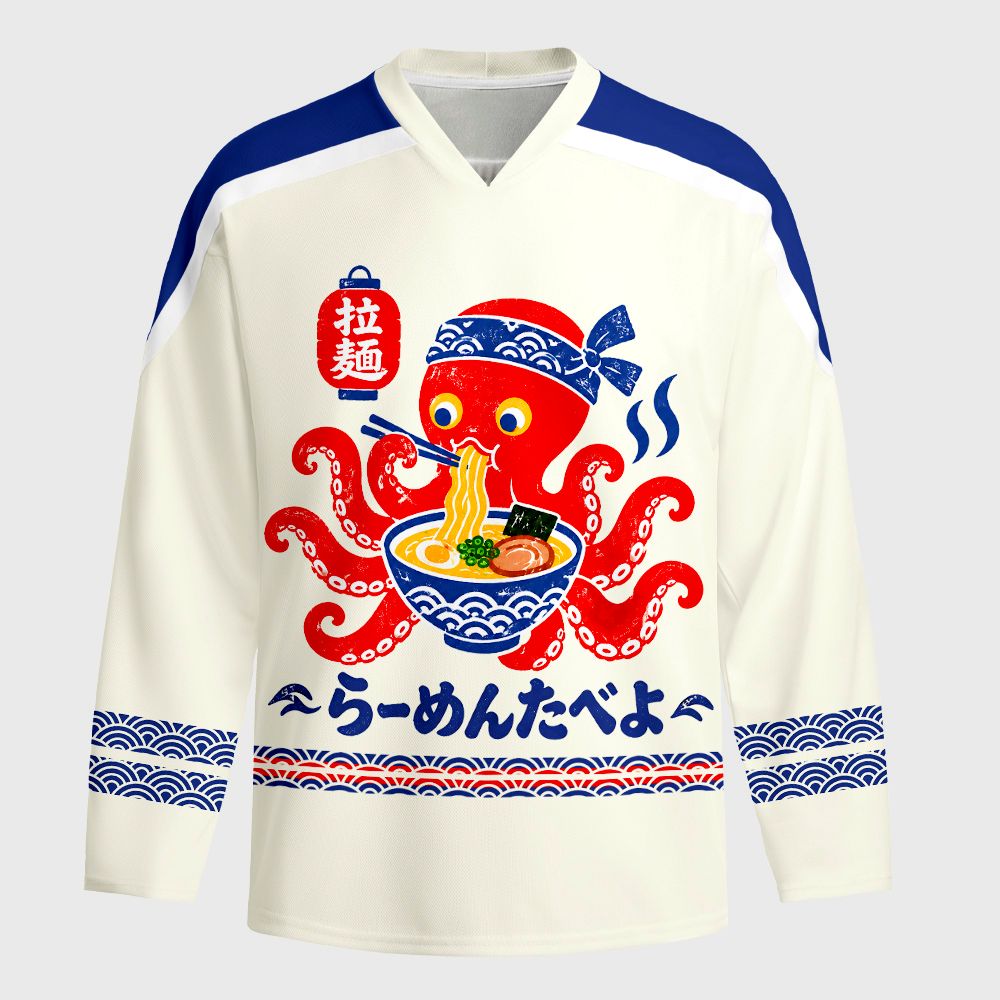 Kyoto-Lion Japanese Retro Octopus Ramen Long-Sleeve Hockey Jersey