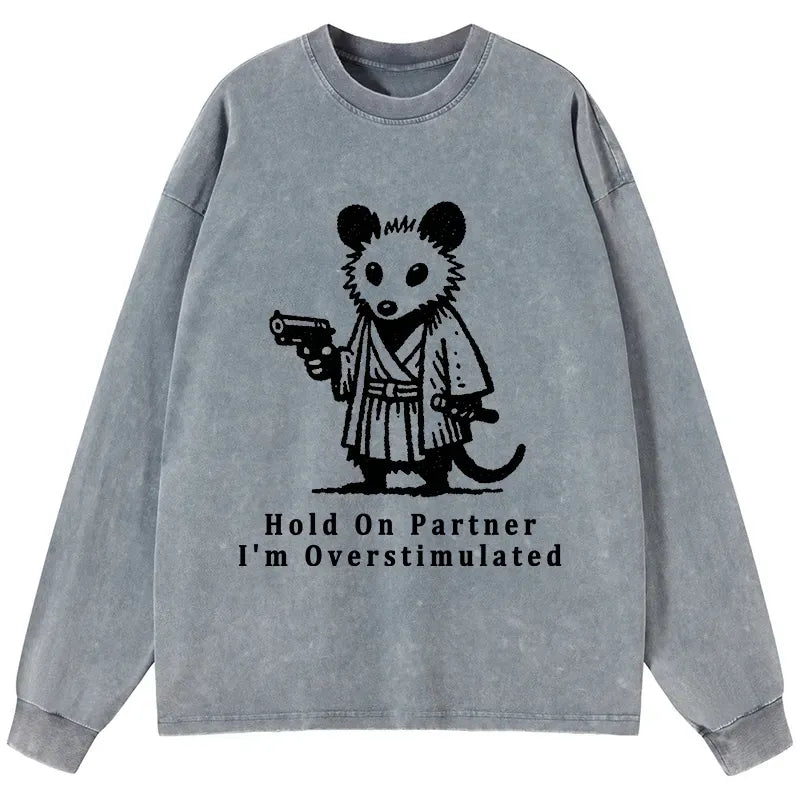 Kyoto-Lion Funny Possum Samurai Washed Long Sleeve T-Shirt