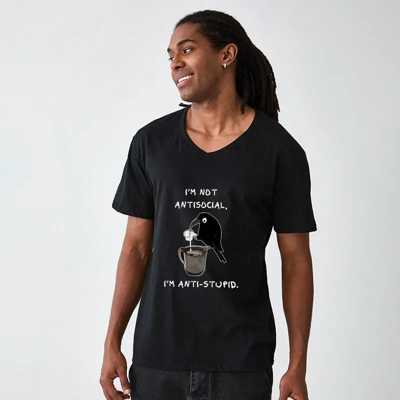 Kyoto-Lion Cool Crow Sips Calm Coffee Alone V-Neck Classic T-Shirt