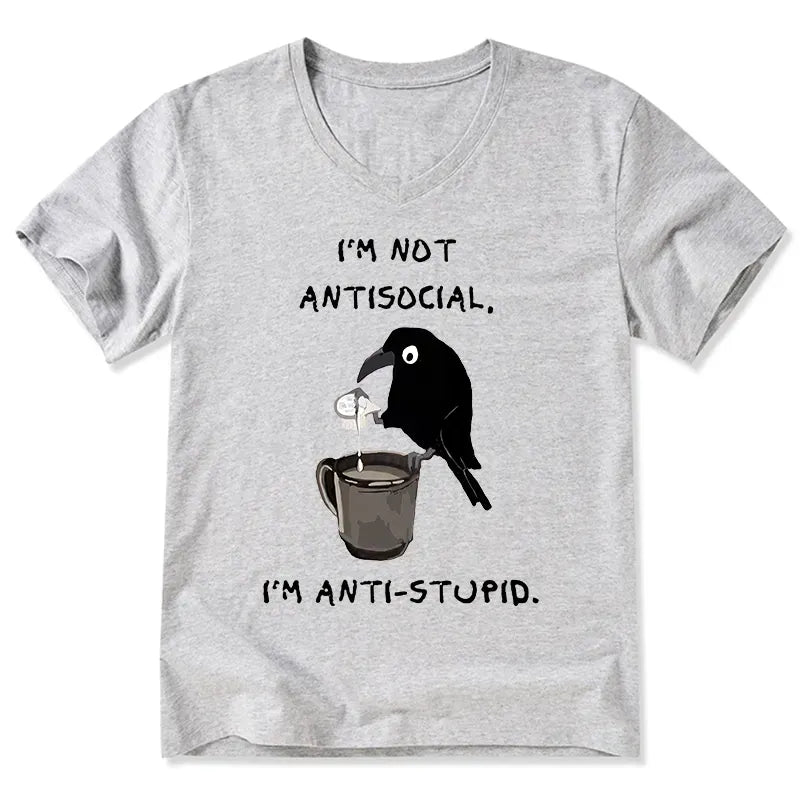 Kyoto-Lion Cool Crow Sips Calm Coffee Alone V-Neck Classic T-Shirt
