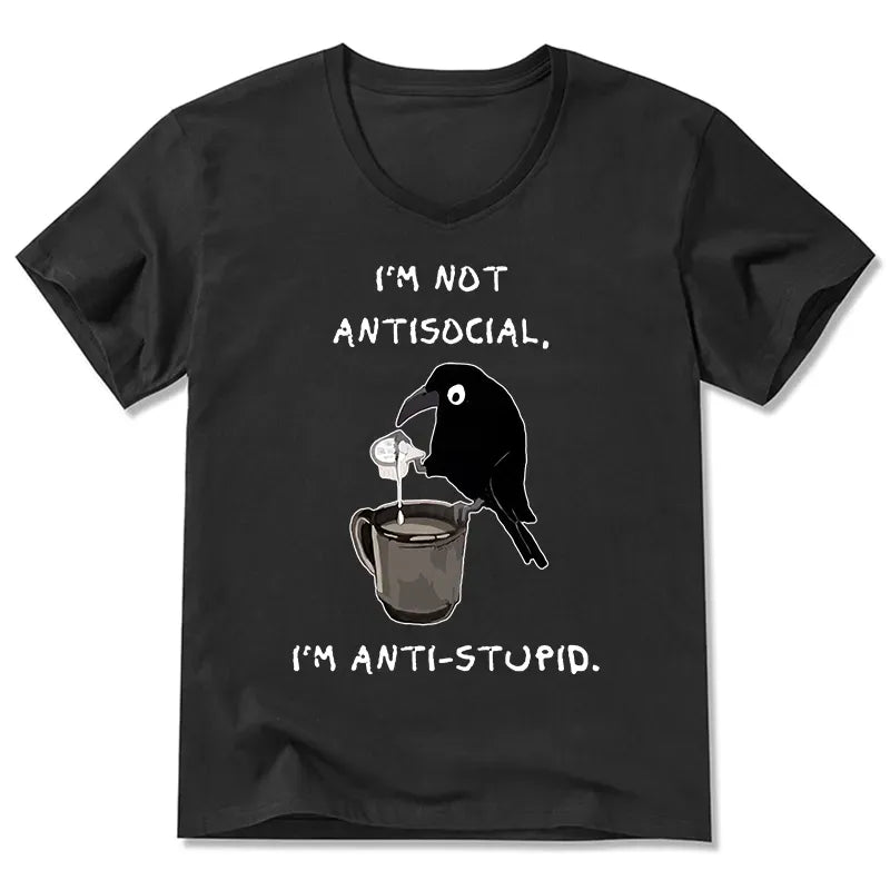 Kyoto-Lion Cool Crow Sips Calm Coffee Alone V-Neck Classic T-Shirt