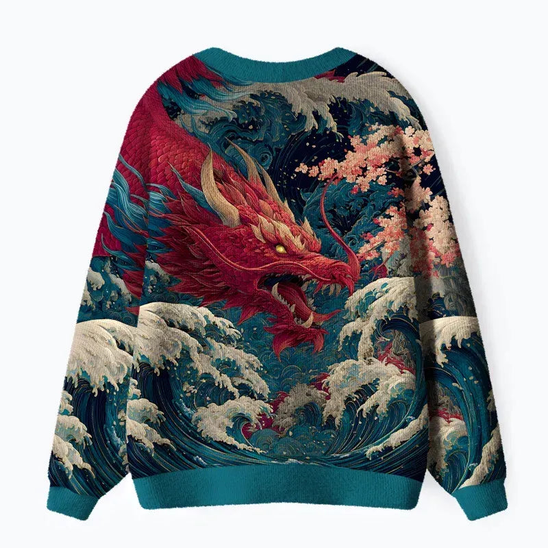 Kyoto-Lion Red Dragon Ukiyo-e Ugly Cardigan Sweater