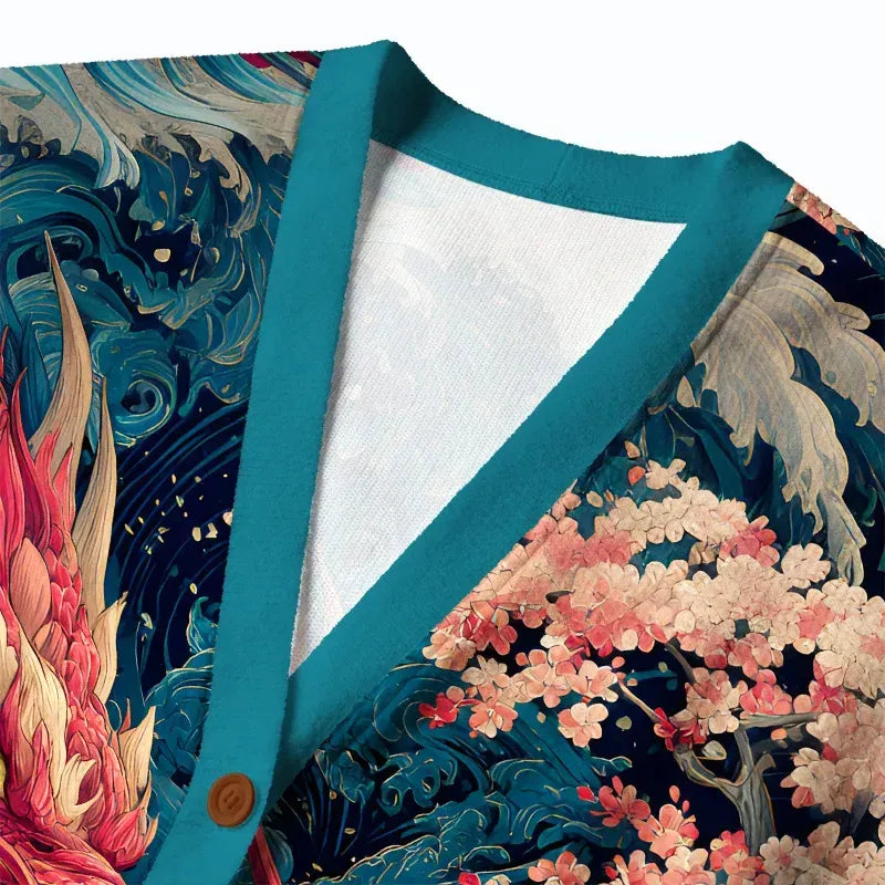 Kyoto-Lion Red Dragon Ukiyo-e Ugly Cardigan Sweater