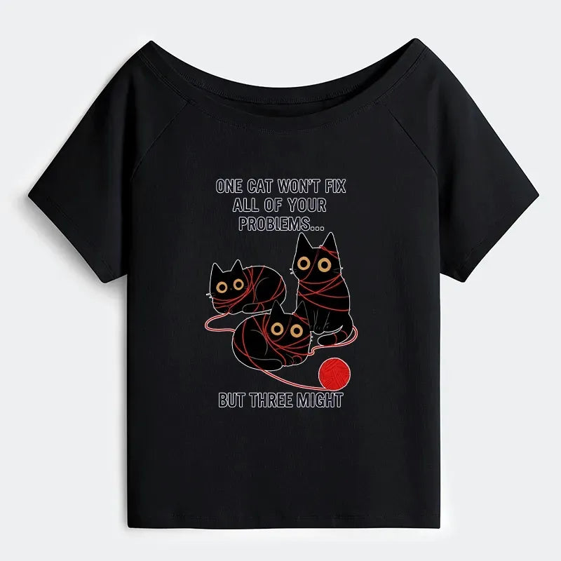 Kyoto-Lion Three Cats Fix All Problems Off Shoulder T-Shirt