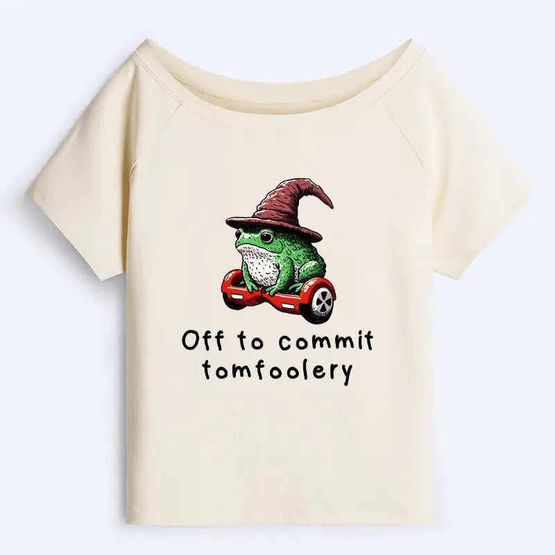 Kyoto-Lion Japanese Frog Riding A Balance Scooter Off Shoulder T-Shirt