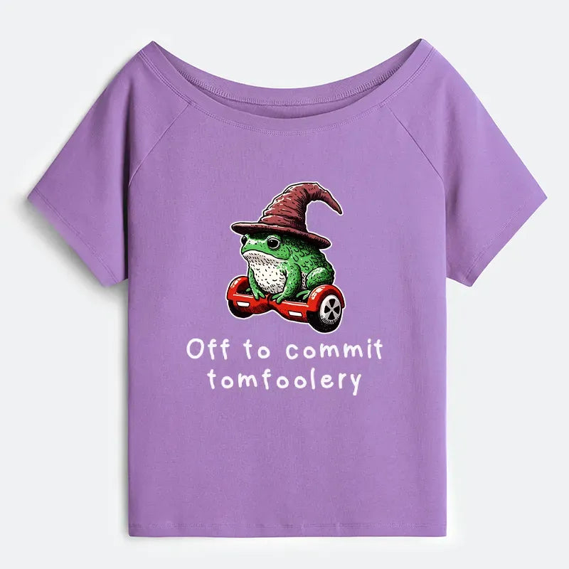 Kyoto-Lion Japanese Frog Riding A Balance Scooter Off Shoulder T-Shirt