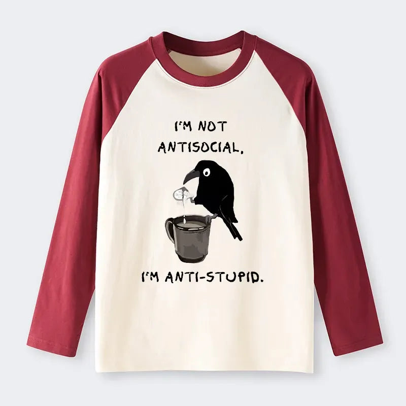Kyoto-Lion Cool Crow Sips Calm Coffee Alone Raglan Long Sleeve T-shirt