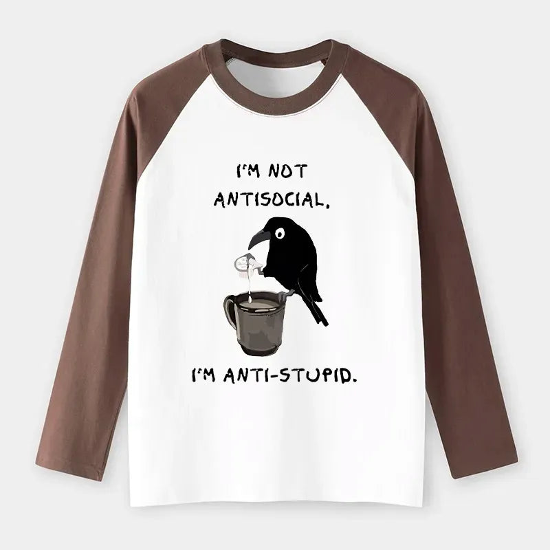 Kyoto-Lion Cool Crow Sips Calm Coffee Alone Raglan Long Sleeve T-shirt