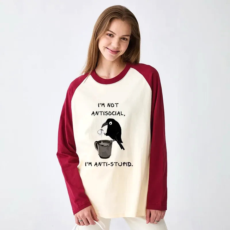 Kyoto-Lion Cool Crow Sips Calm Coffee Alone Raglan Long Sleeve T-shirt