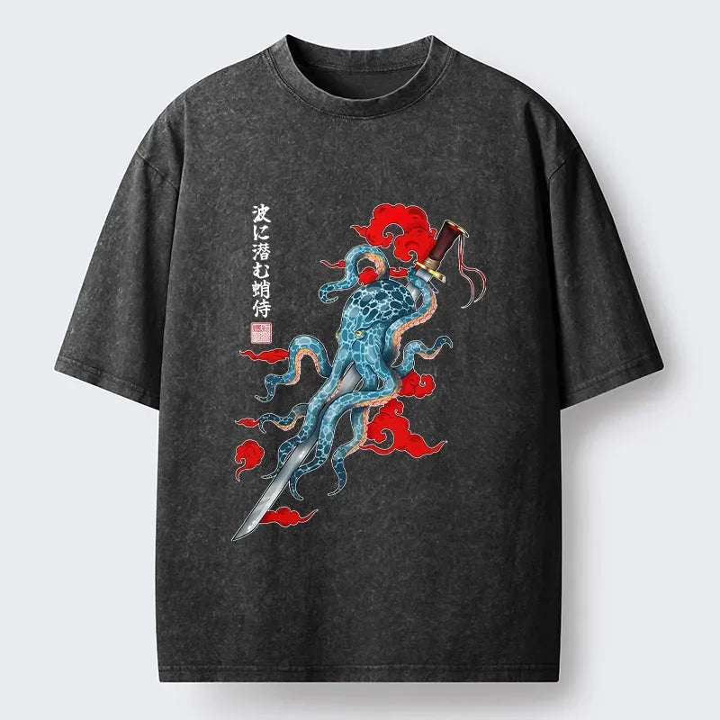 Japanese Octopus Washed T-Shirt for Streetwear