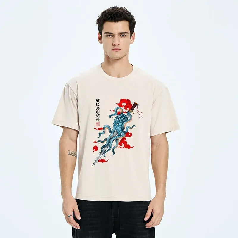 Japanese Octopus Washed T-Shirt for Streetwear