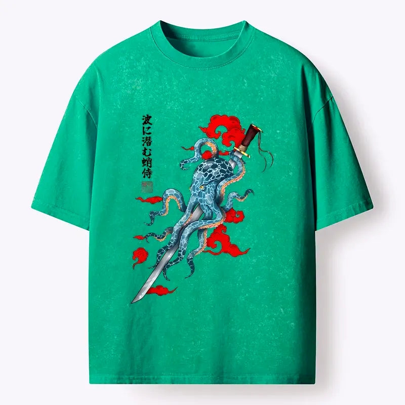 Kyoto-Lion Ocean Warrior Octopus Washed T-Shirt