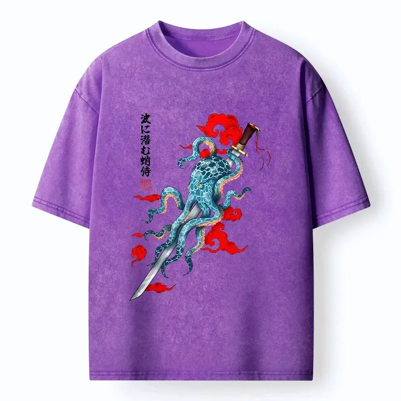 Japanese Octopus Washed T-Shirt for Streetwear