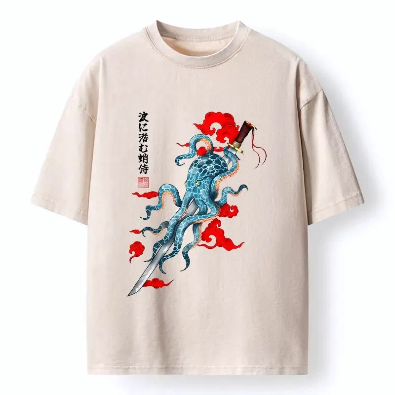 Kyoto-Lion Ocean Warrior Octopus Washed T-Shirt