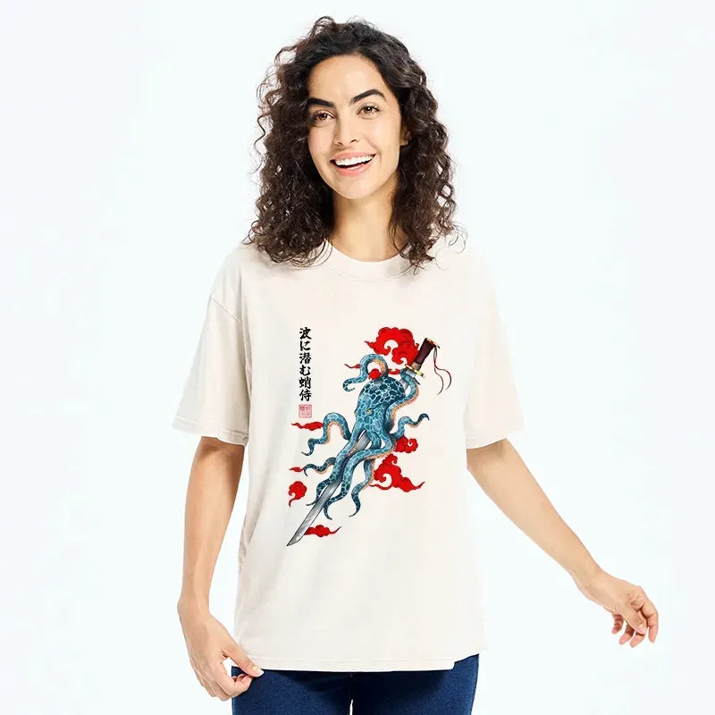 Japanese Octopus Washed T-Shirt for Streetwear