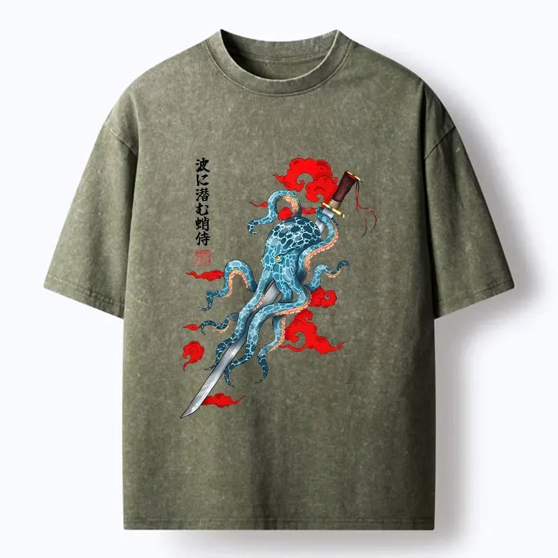 Kyoto-Lion Ocean Warrior Octopus Washed T-Shirt