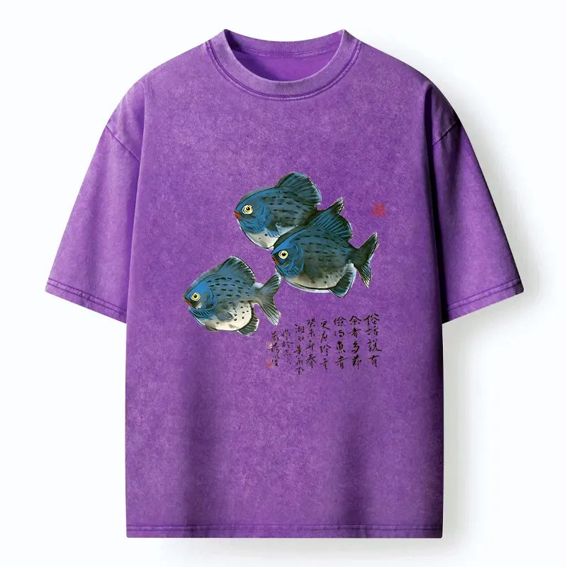 Kyoto-Lion Ink Painting Fish Art Washed T-Shirt