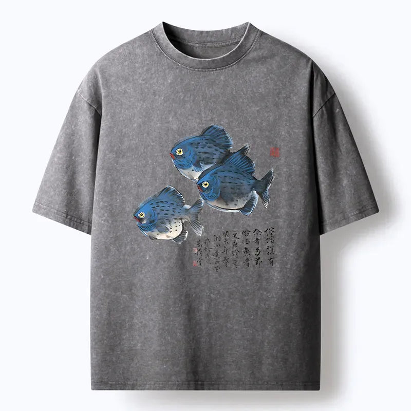 Kyoto-Lion Ink Painting Fish Art Washed T-Shirt
