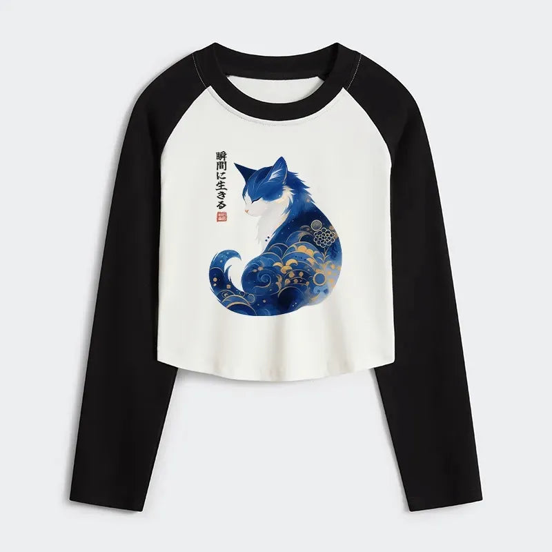 Kyoto-Lion Retro Zen Cat: Living the Present Women's Crop Raglan T-Shirt