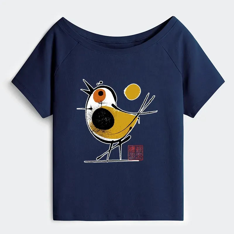 Kyoto-Lion Aesthetic Yellow And Black Bird Off Shoulder T-Shirt