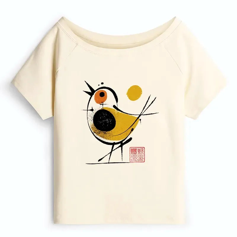 Japanese Vintage Off Shoulder Bird T-Shirt
