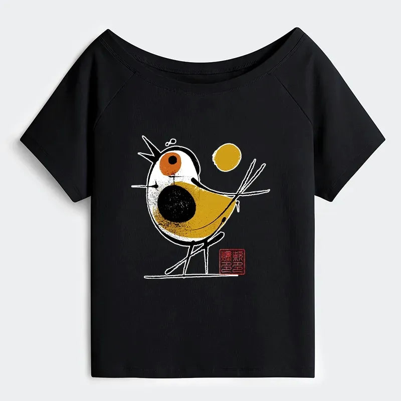 Kyoto-Lion Aesthetic Yellow And Black Bird Off Shoulder T-Shirt