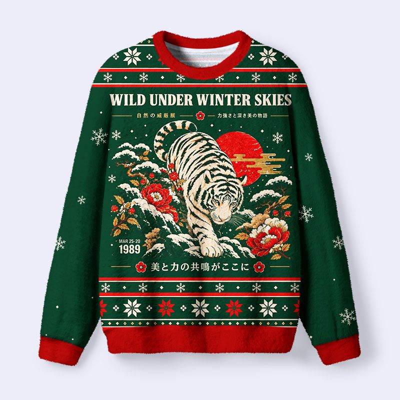 Kyoto-Lion Winter Wild Tiger Fuzzy Christmas Ugly Sweatshirt