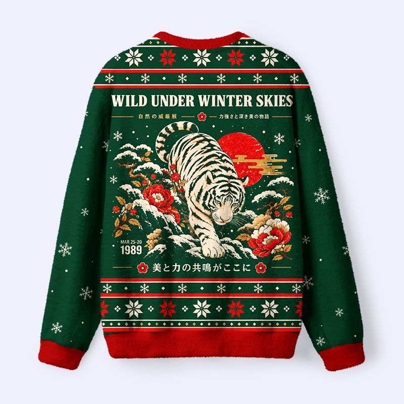 Kyoto-Lion Winter Wild Tiger Fuzzy Christmas Ugly Sweatshirt