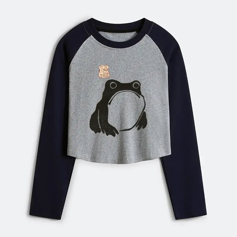Kyoto-Lion Matsumoto Hoji Woodblock Print Frog Women's Crop Raglan T-Shirt