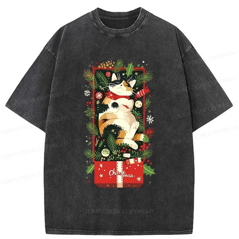 Kyoto-Lion Christmas Gift Cat Washed T-Shirt