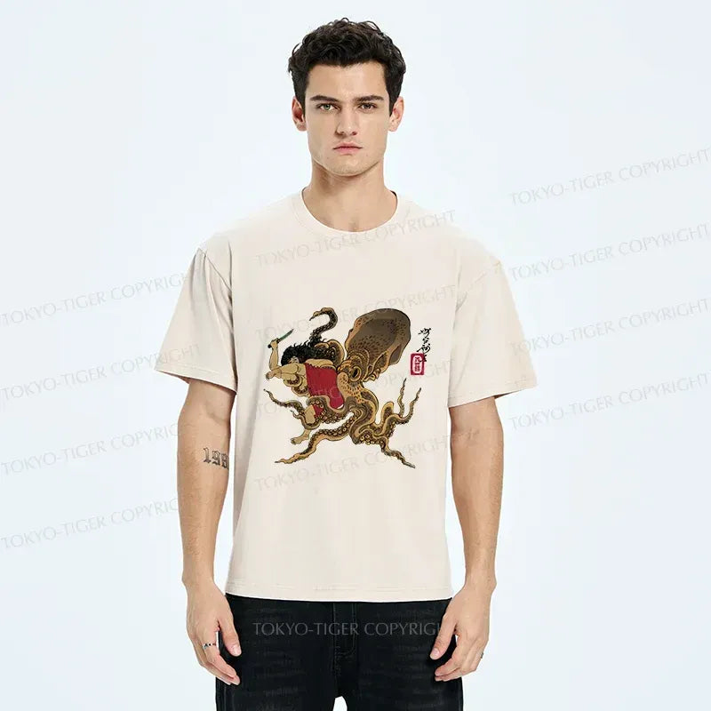 Kyoto-Lion Man And Octopus Fighting Washed T-Shirt