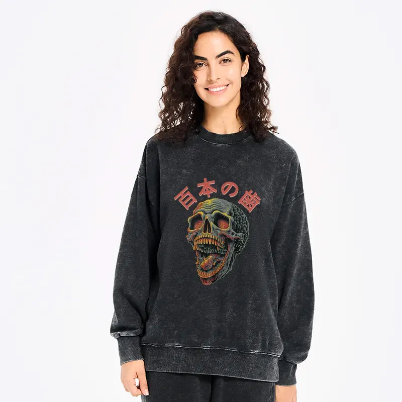 Japanese Skull Washed Sweatshirt for Streetwear