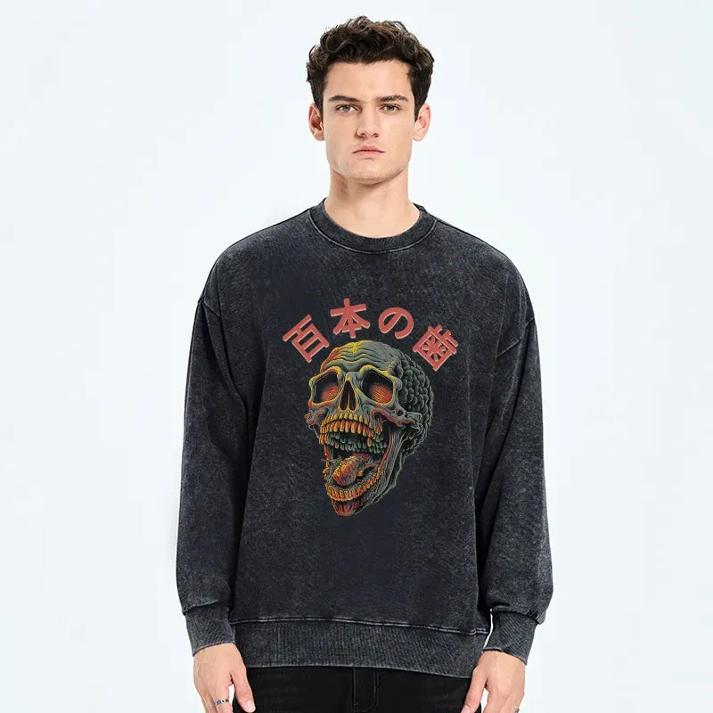 Trendy Japanese Skull Print Washed Sweatshirt
