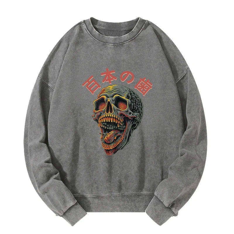 Japanese Skull Washed Sweatshirt for Streetwear