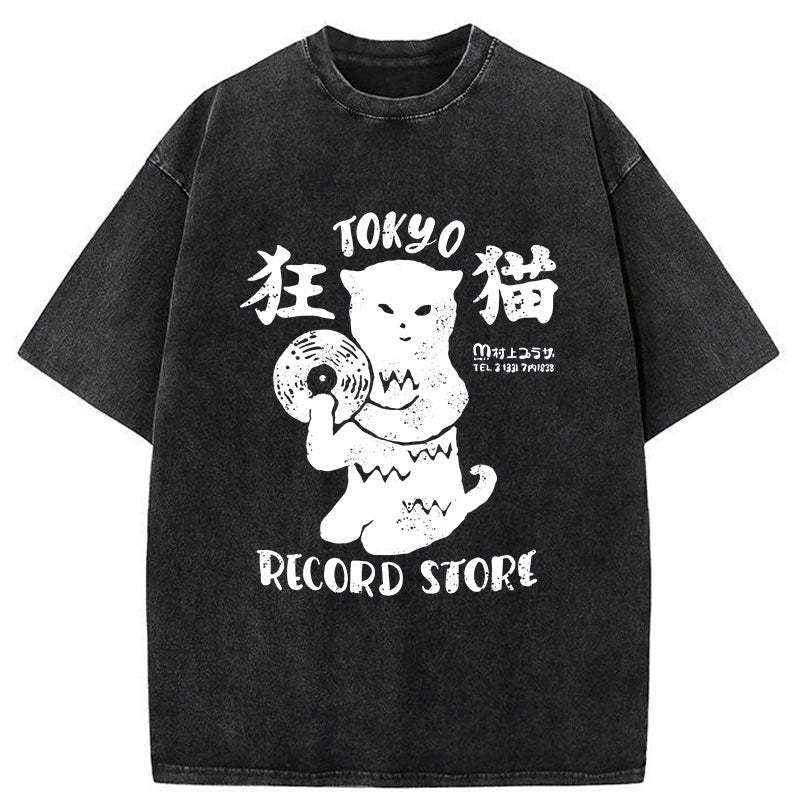 Kyoto-Lion Tokyo Record Store Cat CD Washed T-Shirt