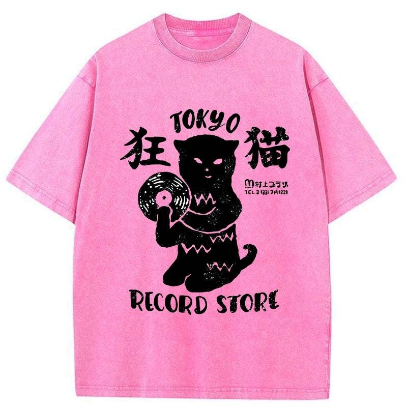 Kyoto-Lion Tokyo Record Store Cat CD Washed T-Shirt