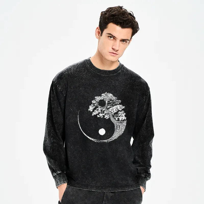 Kyoto-Lion Yin-Yang Tai Chi Tree Washed Long Sleeve T-Shirt