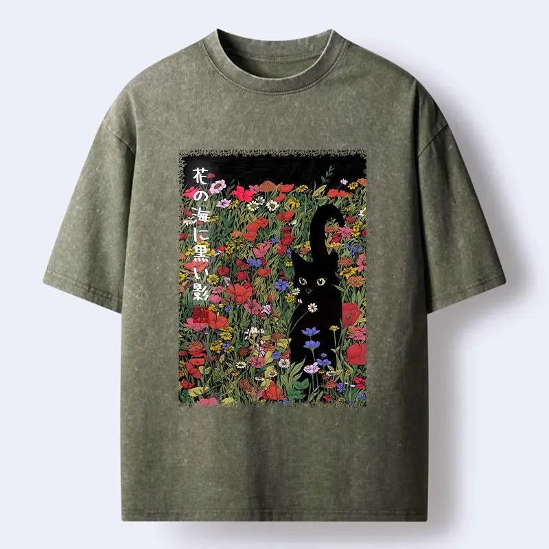 Vintage Black Cat Floral T-Shirt