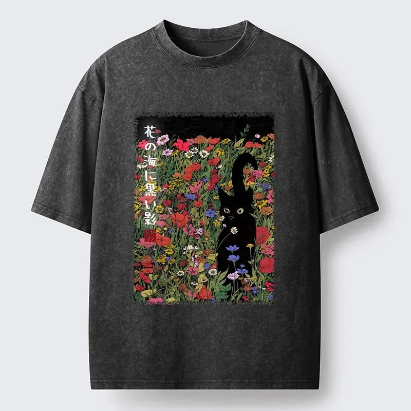 Kyoto-Lion Black Cat Hiding In Flower Sea Washed T-Shirt