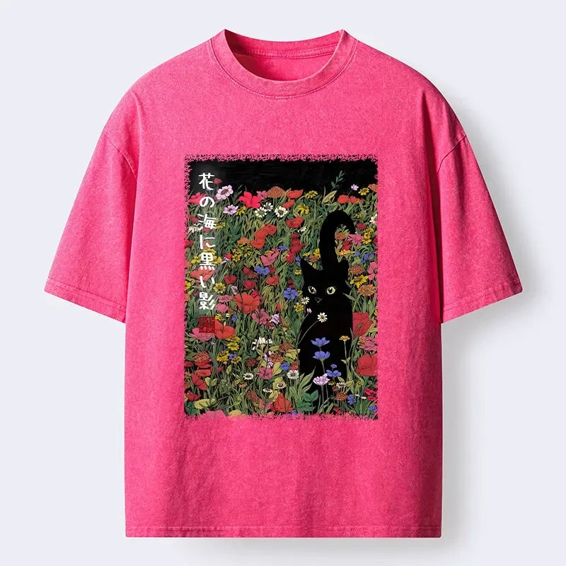 Kyoto-Lion Black Cat Hiding In Flower Sea Washed T-Shirt