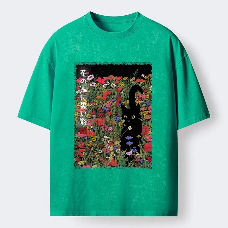 Japanese Black Cat Washed T-Shirt