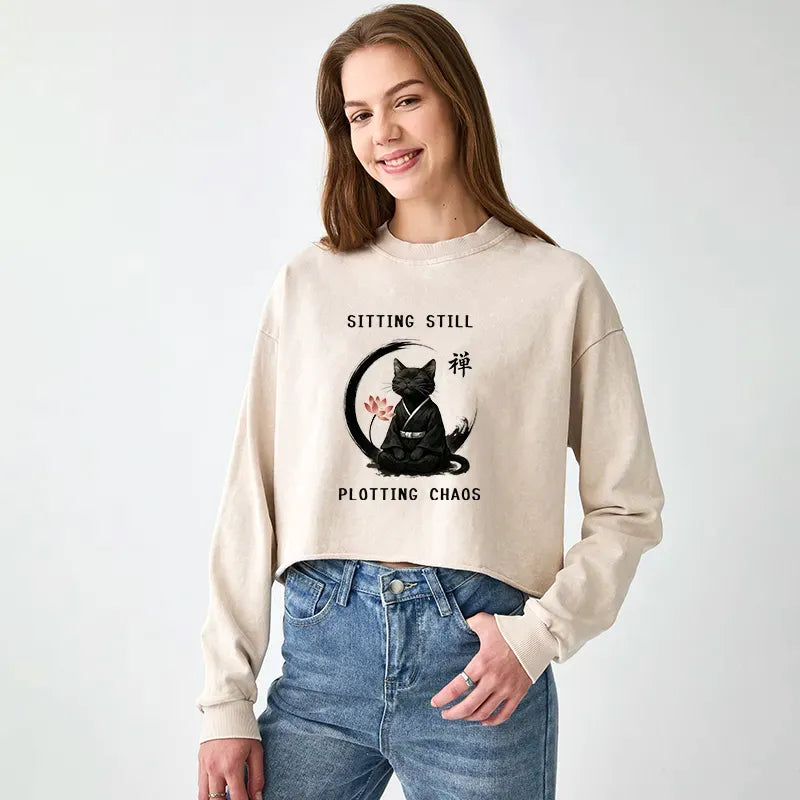 Kyoto-Lion Sitting still plotting chaos Calming Zen Cat Funny Washed Crop Sweatshirt