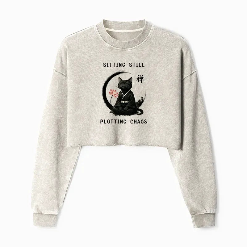 Kyoto-Lion Sitting still plotting chaos Calming Zen Cat Funny Washed Crop Sweatshirt