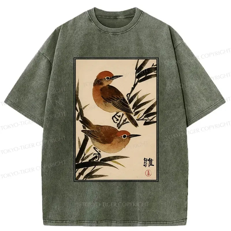 Kyoto-Lion Sparrows Among Bamboo Washed T-Shirt