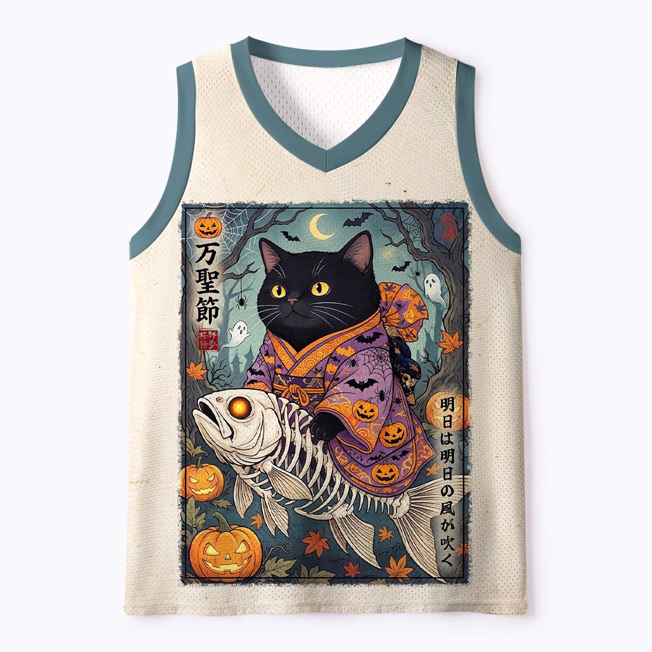 Kyoto-Lion Halloween Black Cat Riding Fish Skeleton Mesh Tank Top
