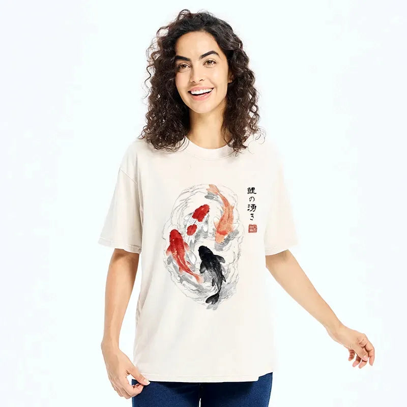 Kyoto-Lion Koi Fish Flow In Traditional Ink Style Washed T-Shirt