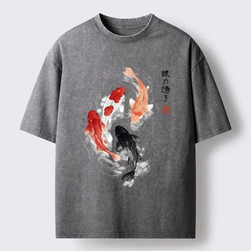 Washed Japanese Koi Fish T-Shirt for Daily Wear