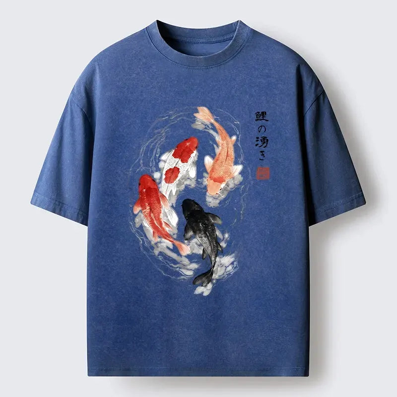 Kyoto-Lion Koi Fish Flow In Traditional Ink Style Washed T-Shirt